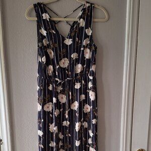 Vera Moda Summer Maxi Dress, Navy Floral Print, Sleeveless, Tie Waist, Size M